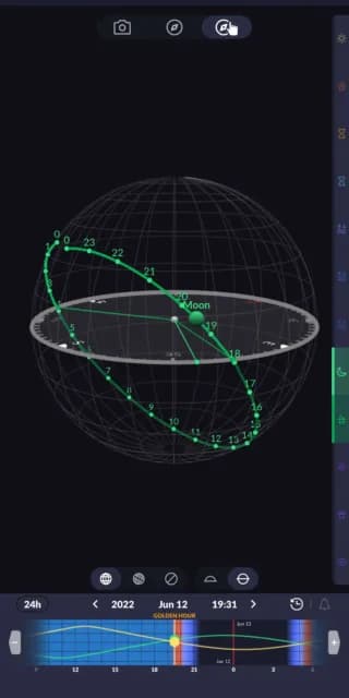 Screenshot of the Ephemeris Sun and Moon app showing the moon's rise time and position
