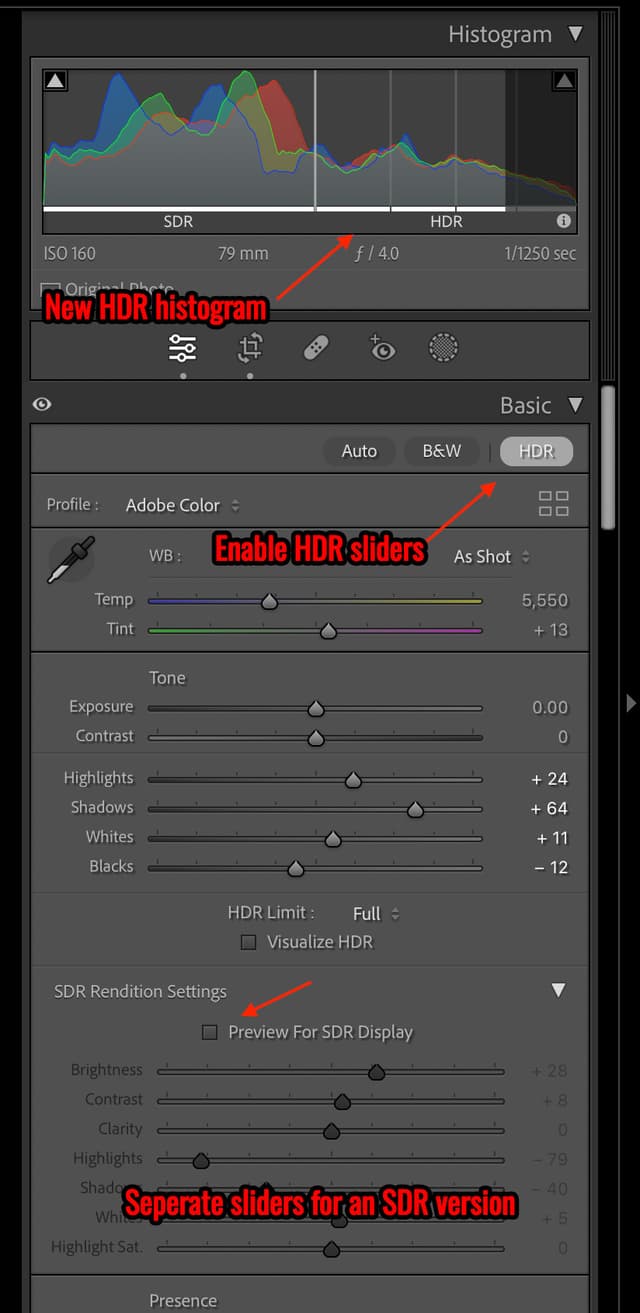 A screenshot of Adobe Lightroom Classic's new HDR histogram and sliders