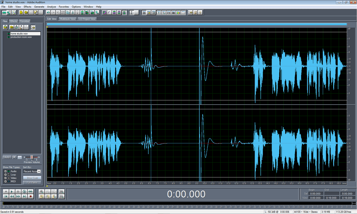 Adobe Audition waveform screenshot from home studio test