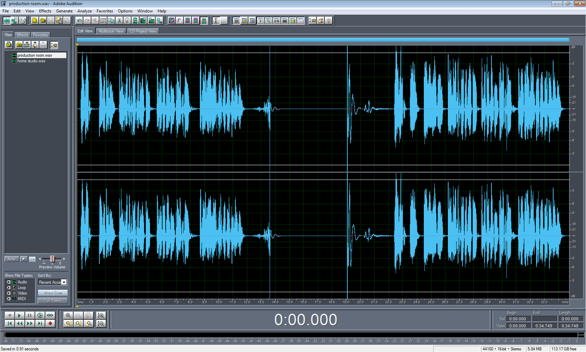 Adobe Audition waveform screenshot from production room test