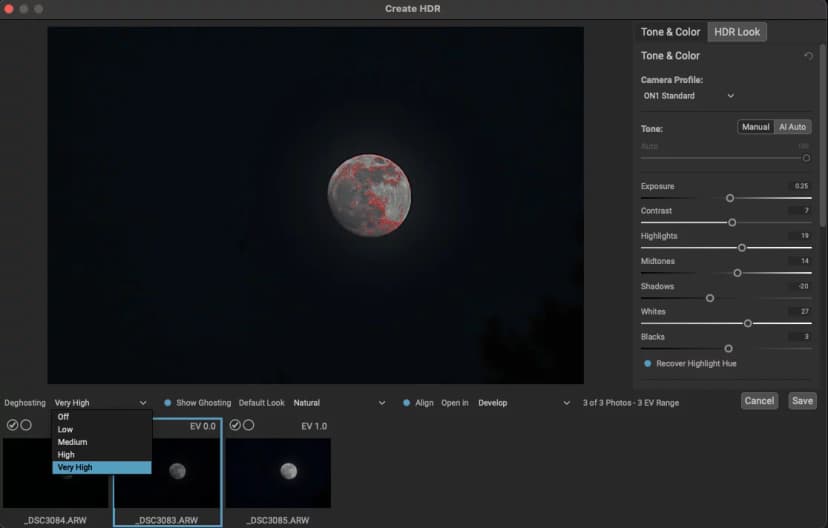 Screenshot of a 3-shot exposure bracket with deghosting overlay in ON1