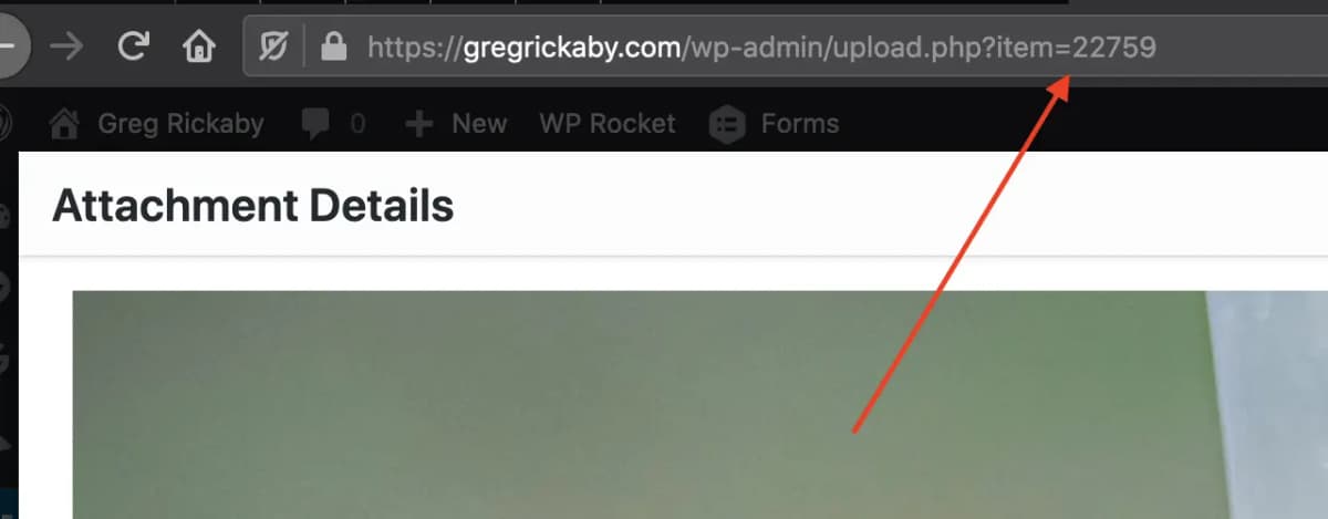 WordPress Media Library with the image ID visible in the browser address bar