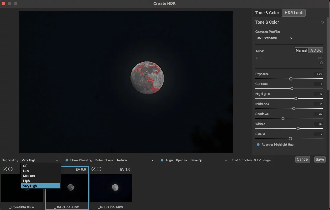 Screenshot of a 3-shot exposure bracket with deghosting overlay in ON1