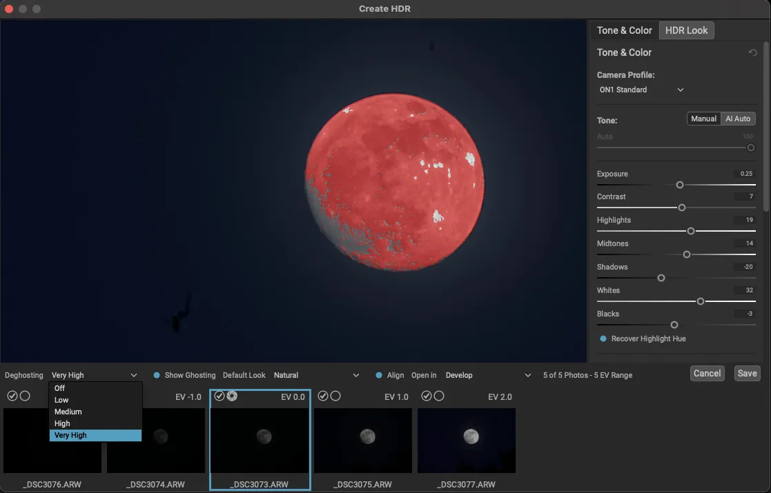 Screenshot of a 5-shot exposure bracket with deghosting overlay in ON1
