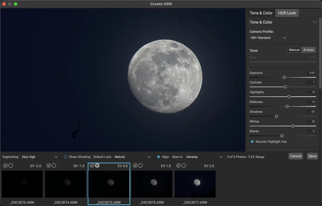 Screenshot of a 5-shot exposure bracket in ON1