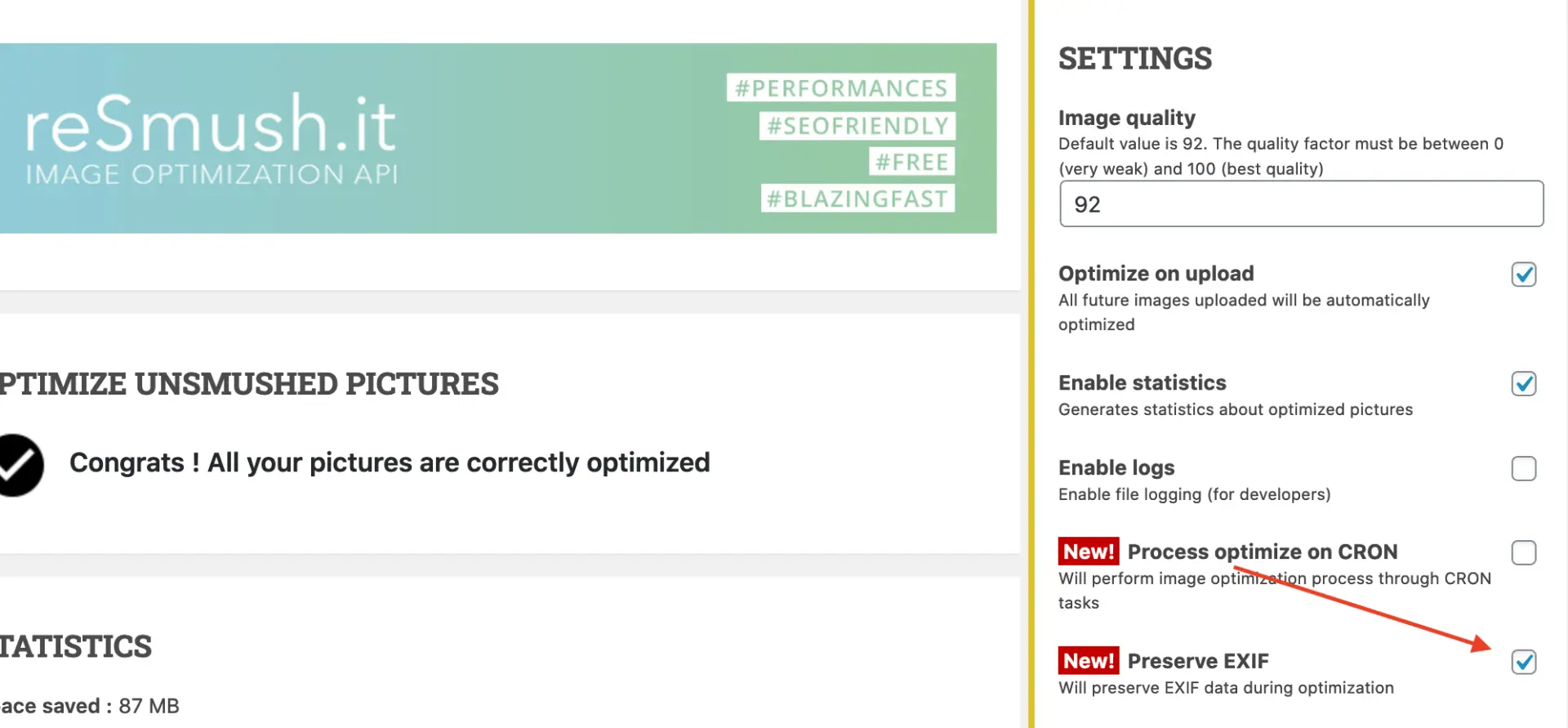 re.Smush.it options page showing the "Keep EXIF data" setting