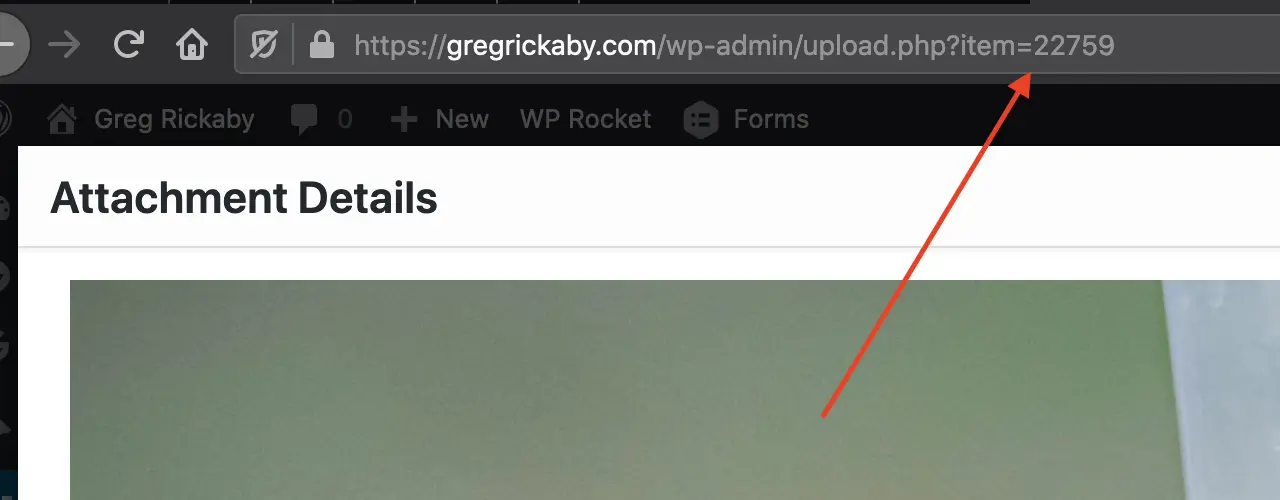 WordPress Media Library with the image ID visible in the browser address bar