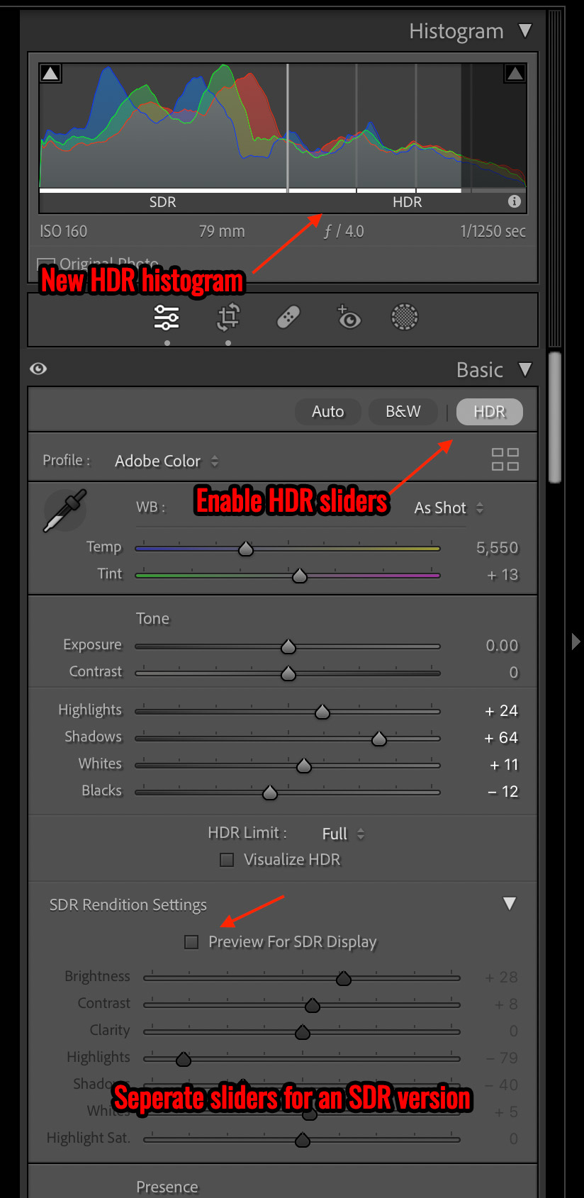 A screenshot of Adobe Lightroom Classic's new HDR histogram and sliders