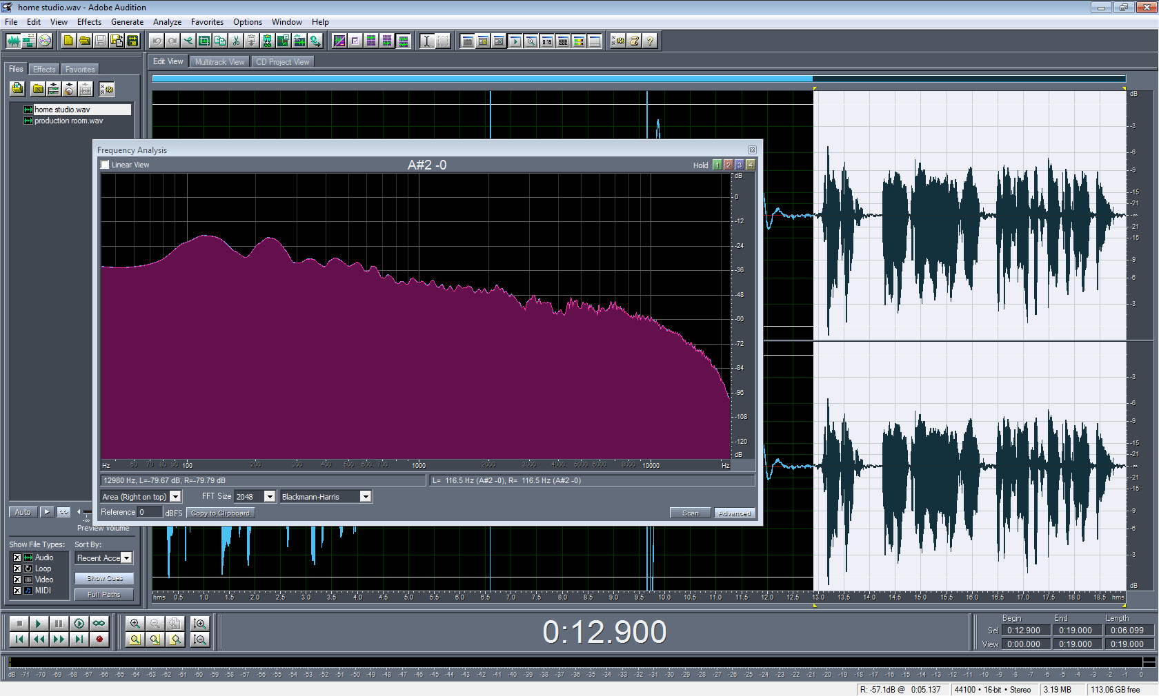 Average frequency response of the Neumann TLM 103 in home studio