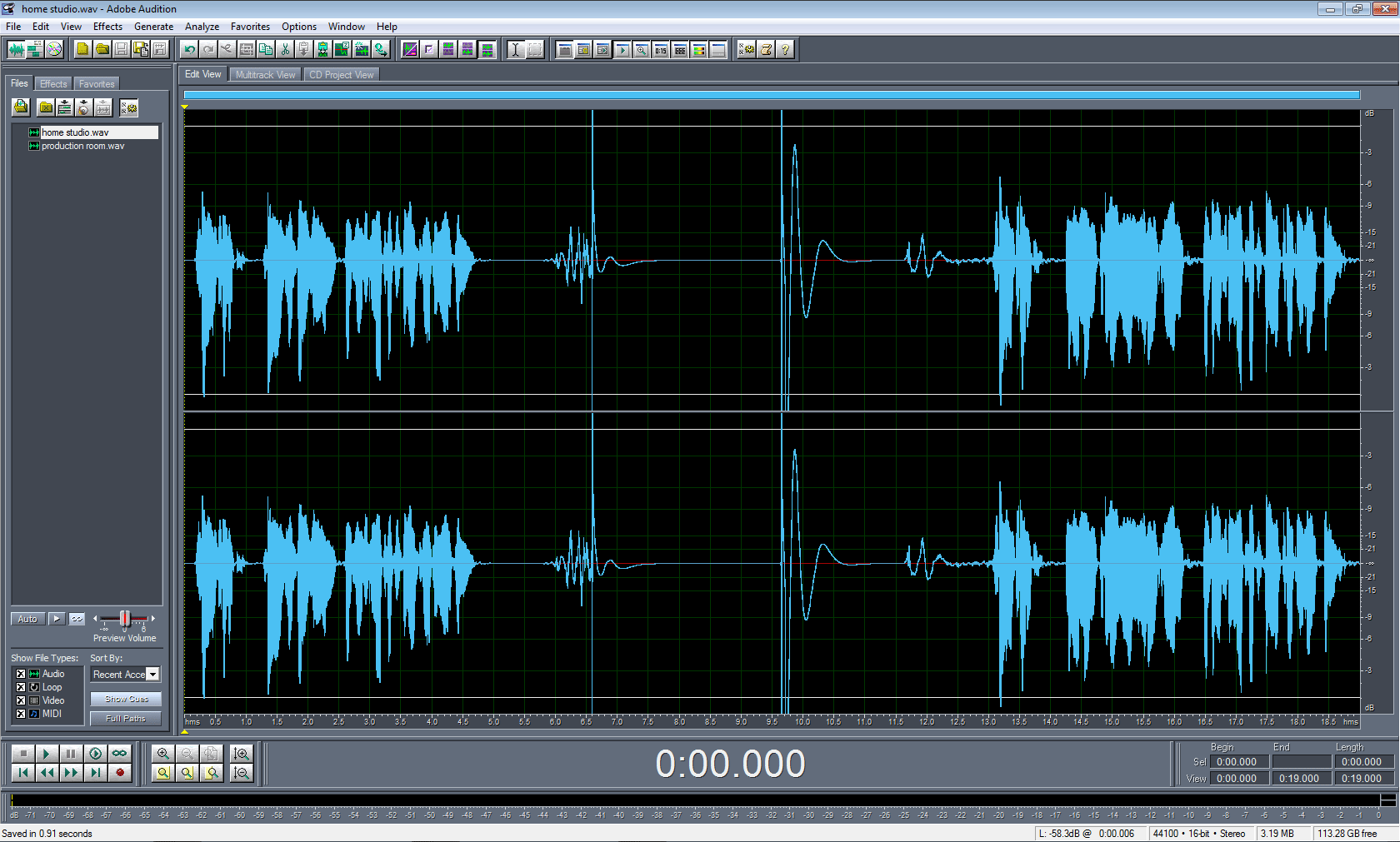 Adobe Audition waveform screenshot from home studio test