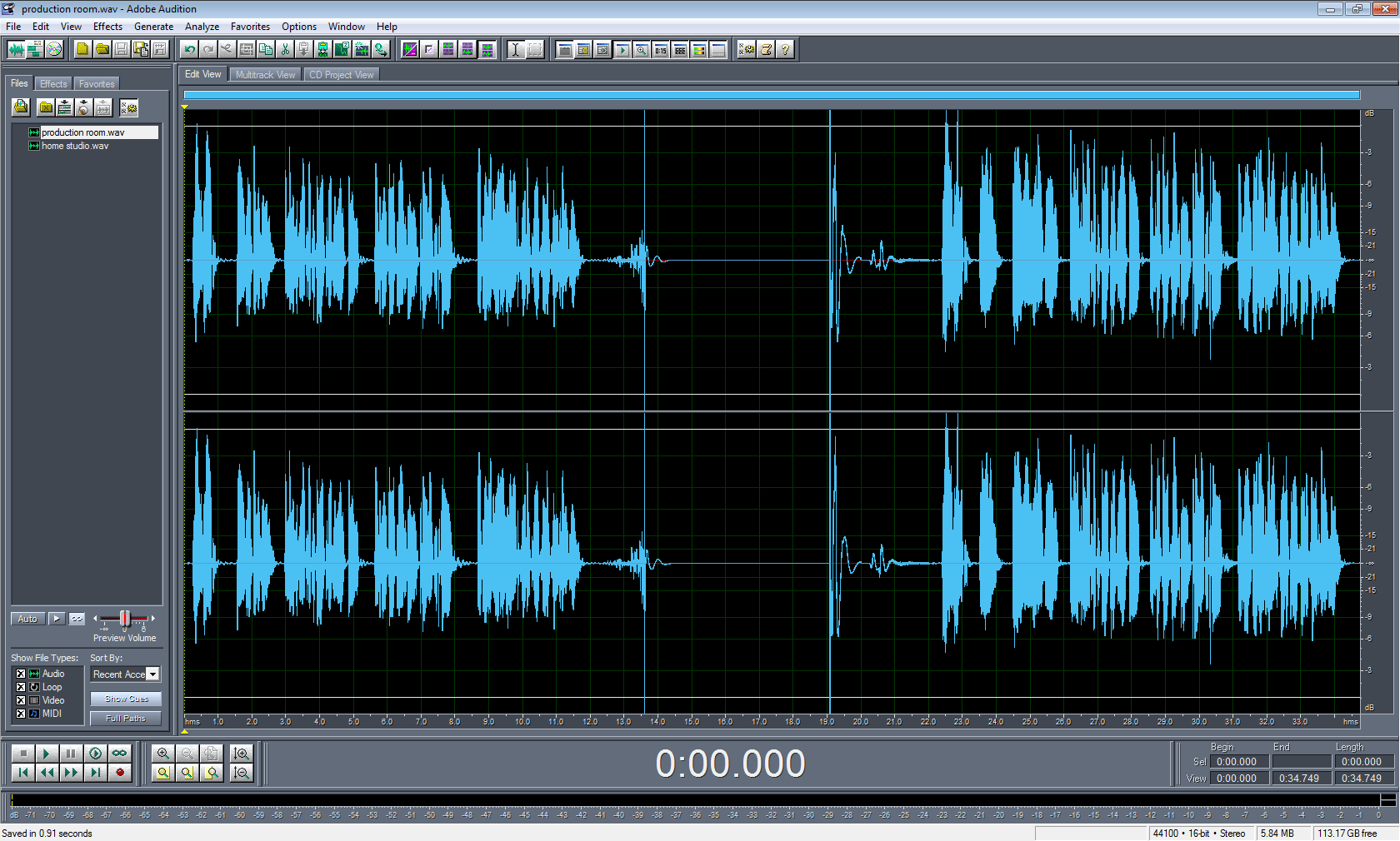 Adobe Audition waveform screenshot from production room test