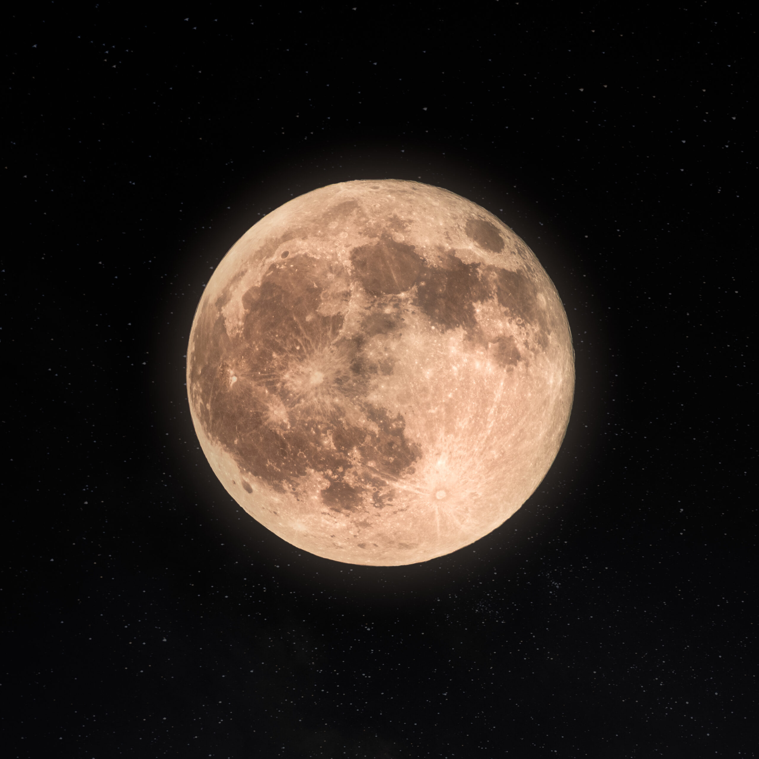 Full September Blood Moon glowing with a reddish hue, surrounded by a faint halo and scattered stars in the night sky.
